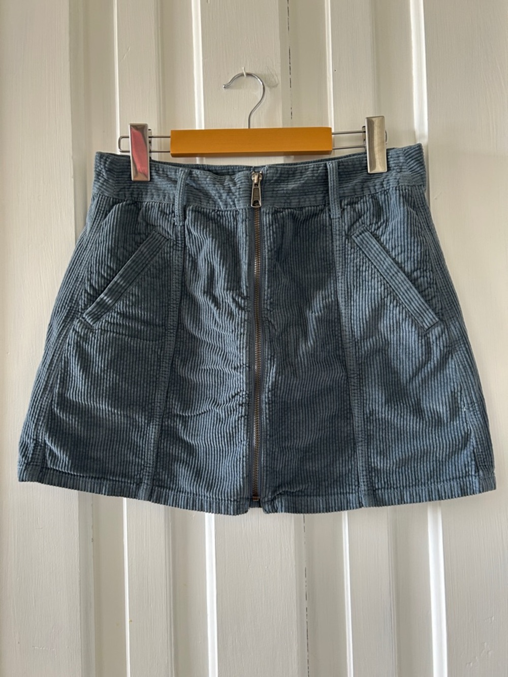 Blue Corduroy Zip-Front Mini Skirt